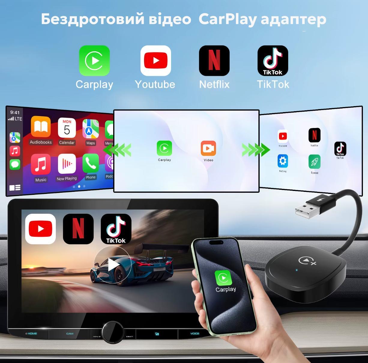 Відеоадаптер бездротовий Android Auto із Netflix/YouTube/Tiktok для автомобілів з дротовим підключенням Android Auto - фото 2