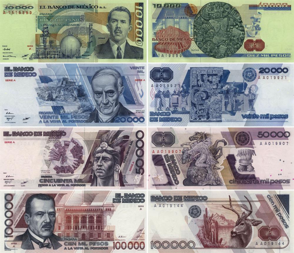 Коллекционная банкнота Мексика набор из 4 банкнот 1981-1988 UNC 10000/20000/50000/100000 песо (Б10460)