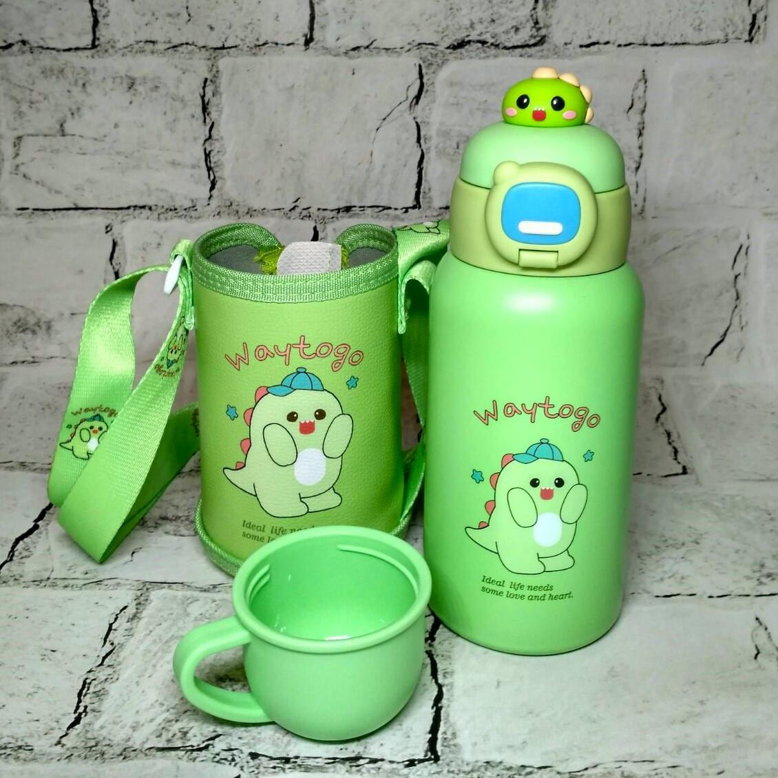 Термос детский с трубочкой и ремешком в чехле Динозаврик 500 мл 20х9 см Зеленый (H-252-Z)