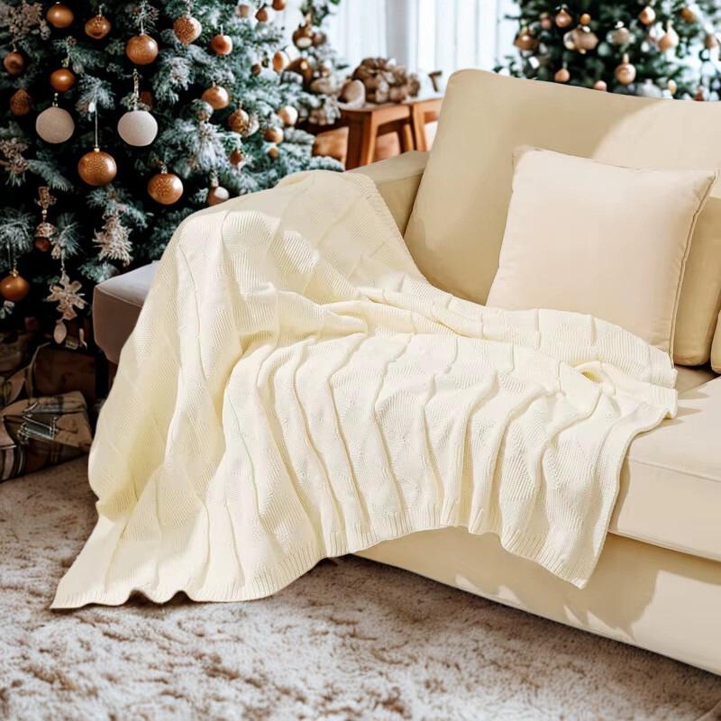 Плед в'язаний акриловий в клітинку Білий