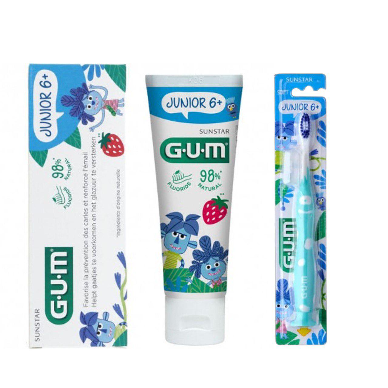 Набір для чищення зубів дитячий GUM Junior зубна паста-гель 50 мл та зубна щітка Monster м'яка від 6 років Блакитний (25433681)