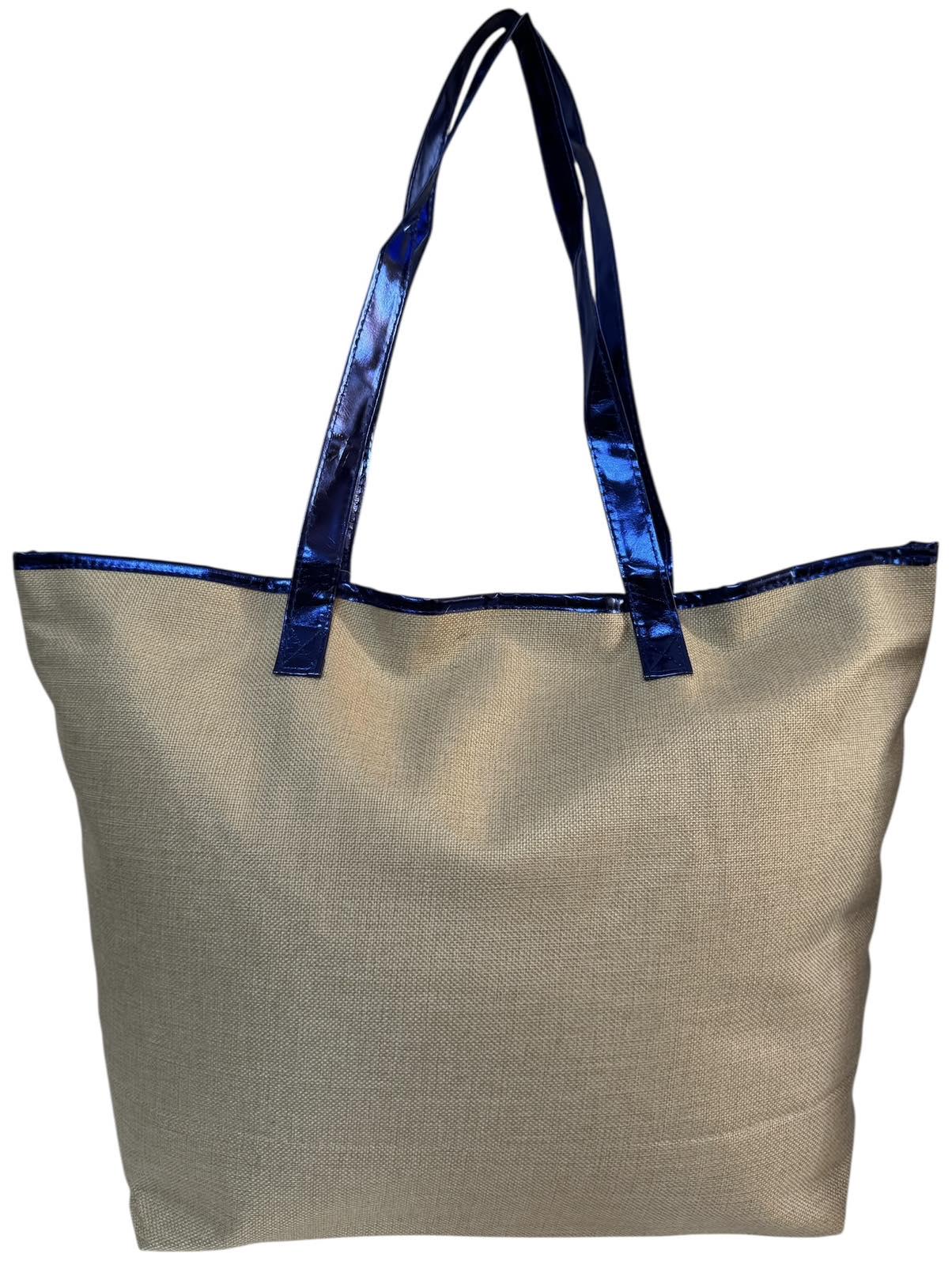 Сумка пляжна жіноча з тканини на блискавці Бежевий з синім (2034) - фото 3 Сумка пляжна жіноча з тканини на блискавці Бежевий з синім (2034) - фото 3