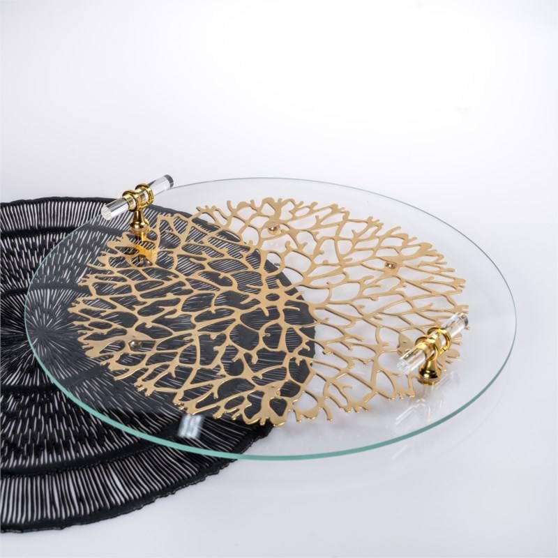 Подставка стеклянная на ножках с золотым металлическим декором Кораллы с ручками 35 см Золотистый (S-716)