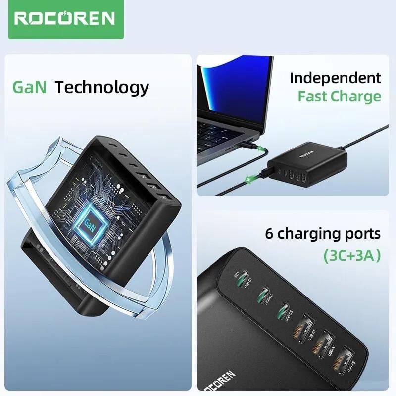 Зарядний пристрій мережевий Rocoren Gan Desktop Charger 100w 3 Type-C/3 USB PD 30w (25397440) - фото 4 Зарядний пристрій мережевий Rocoren Gan Desktop Charger 100w 3 Type-C/3 USB PD 30w (25397440) - фото 4