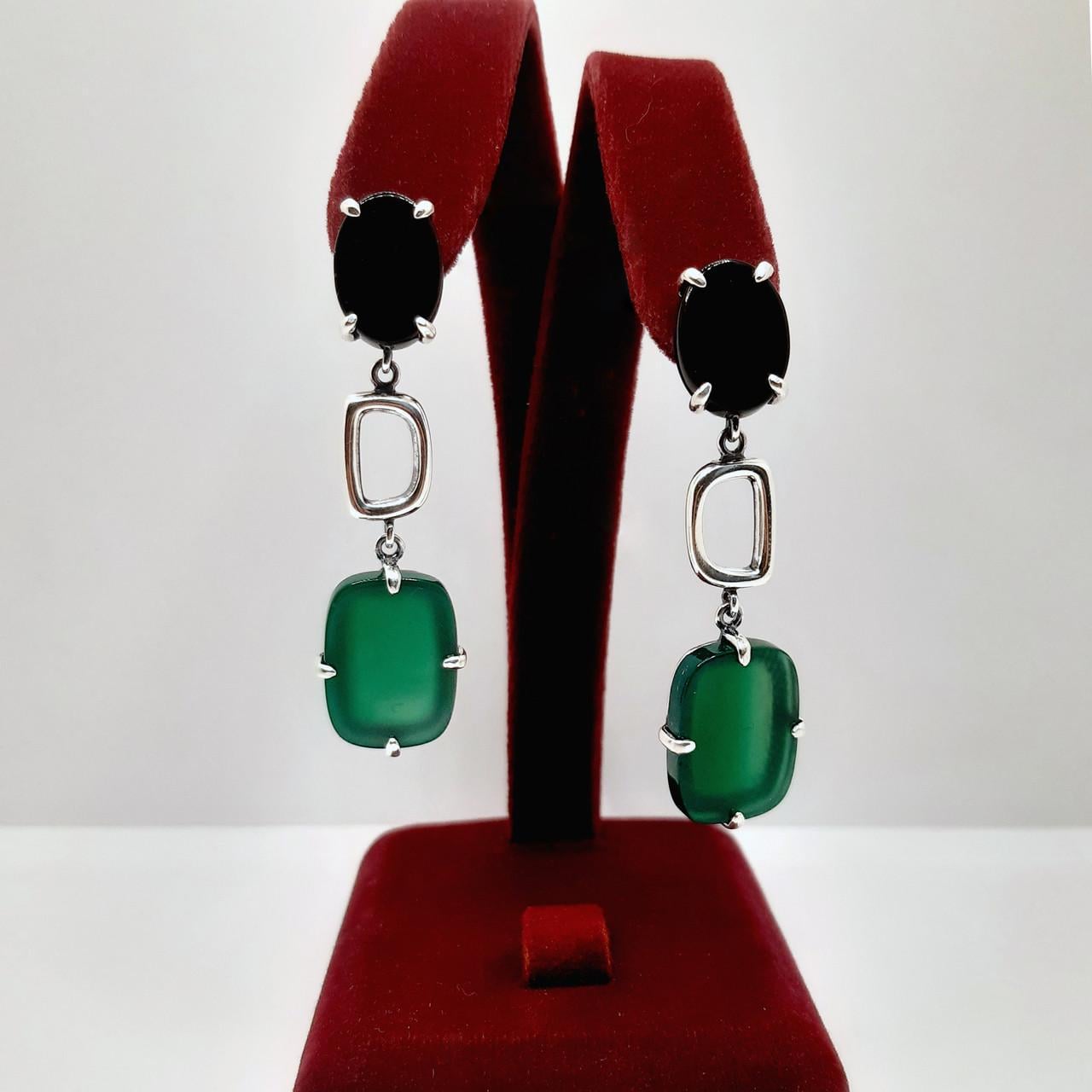 Серьги висячие серебро Мадрид агат и оникс 925° 11,04 г (20261/2)