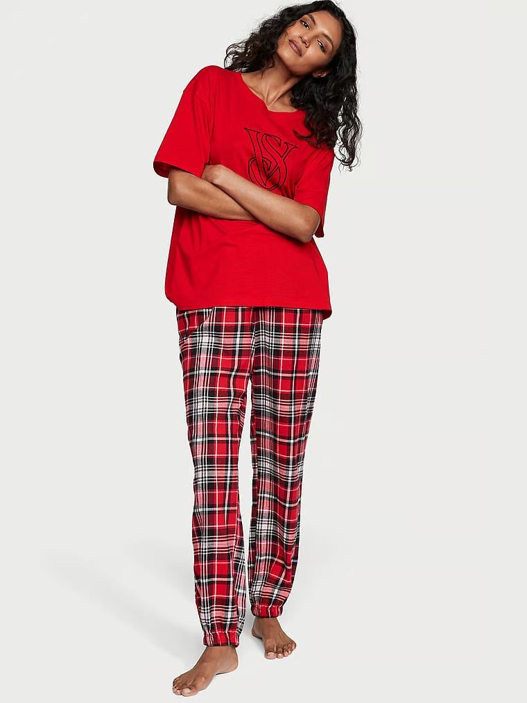 Пижама фланелевая Victoria's Secret Cotton & Flannel Tee-jama Set S Красный (VS-014) - фото 1