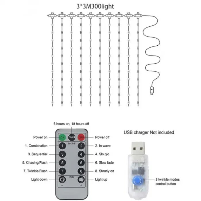 Гирлянда-штора светодиодная Росса USB с пультом 3х3 м (9994) - фото 3