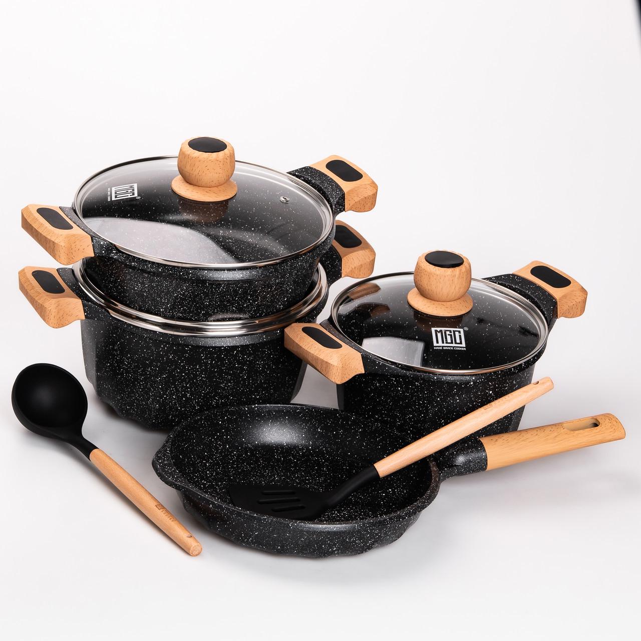 Набор посуды MGC кастрюли 3 шт./лопатка/половник Черный - фото 5