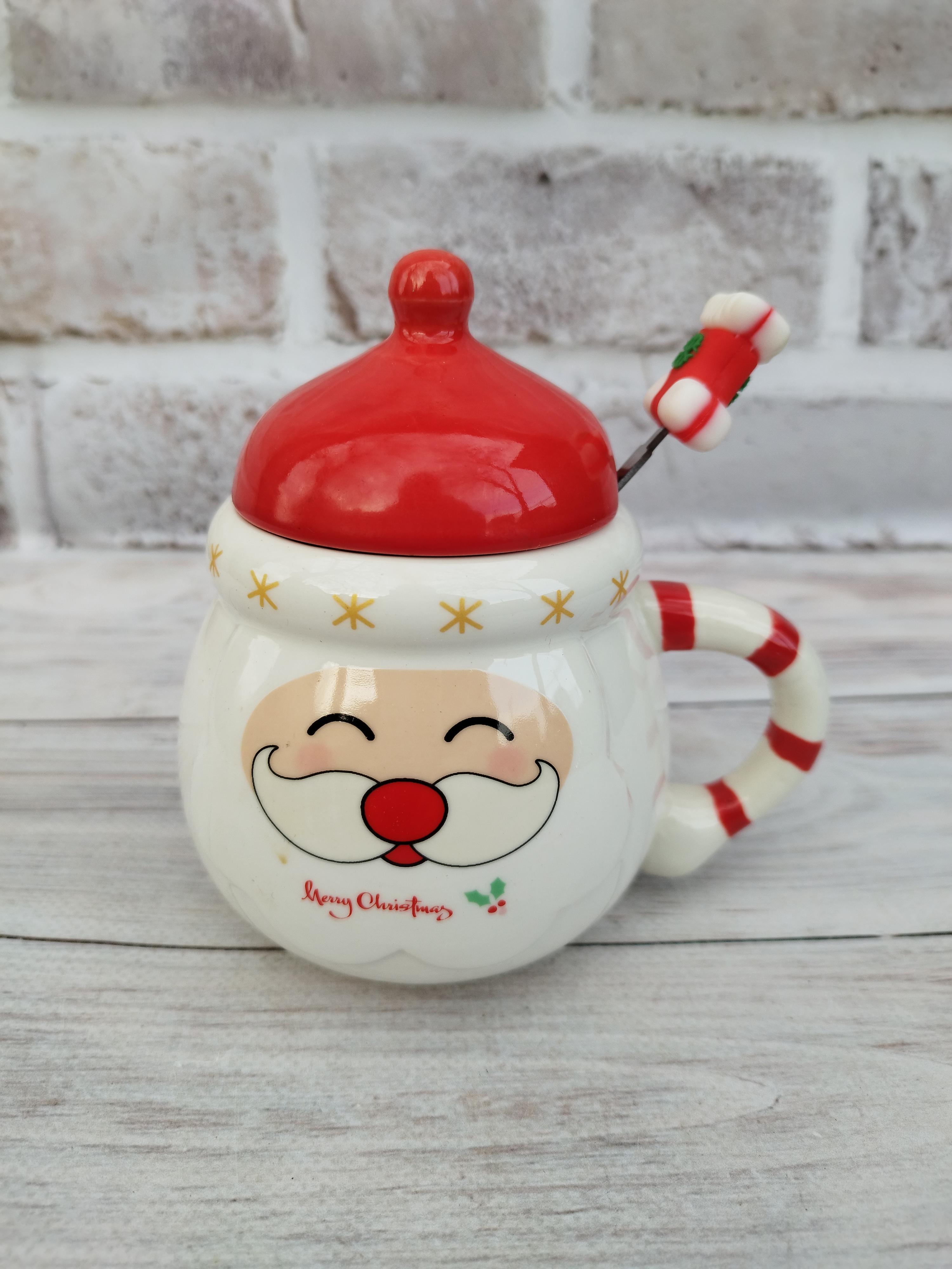 Чашка новогодняя Olens Кенди-Санта керамика с крышкой и ложкой 400 мл (102-1062)