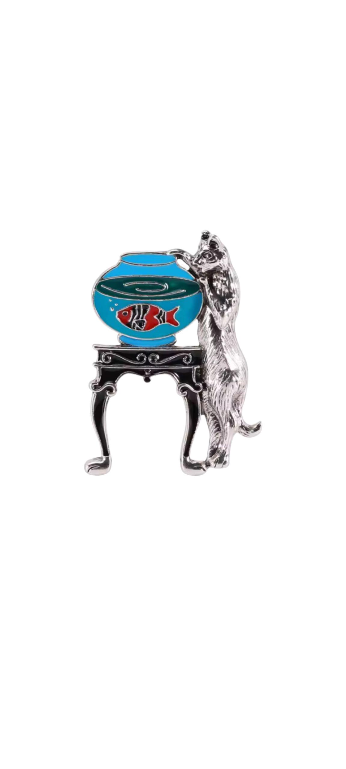 Брошь Кошка и рыбка Серебряный (494693311)
