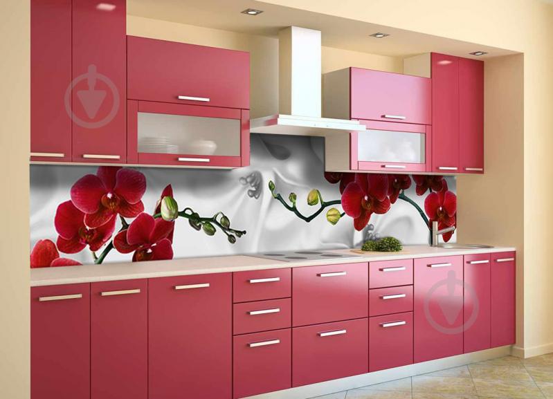 Скинали на кухню Zatarga «Красная орхидея шелк» 650х2500 мм виниловая 3Д наклейка кухонный фартук Z180390/1