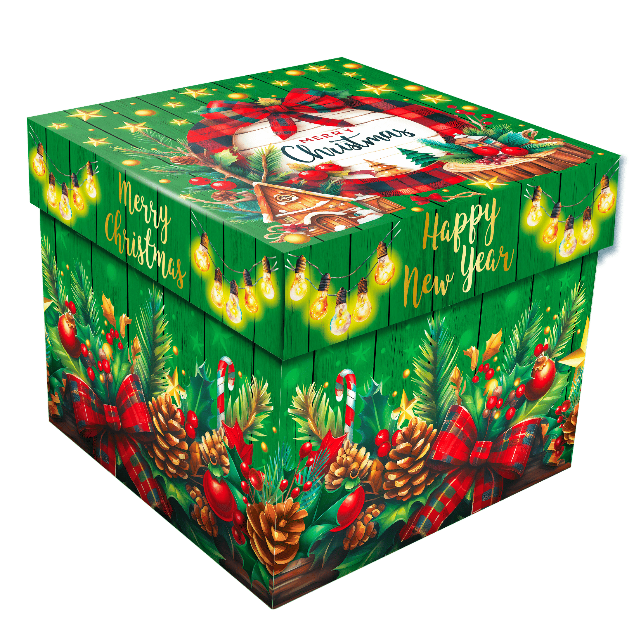 Коробка новогодняя Куб дерево 15х15х13 см 10 шт. Зеленый (5-0208)