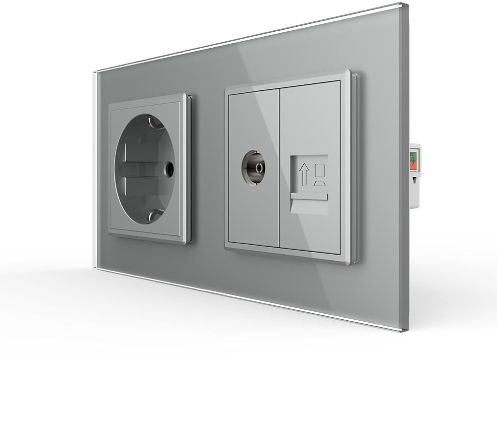 Розетка настенная LIVOLO силовая/интернет RJ-45/ТВ дизайнерская стеклянная рамка Серый (VL-C7FCTC16A/FCCP/FCTV-4IP)