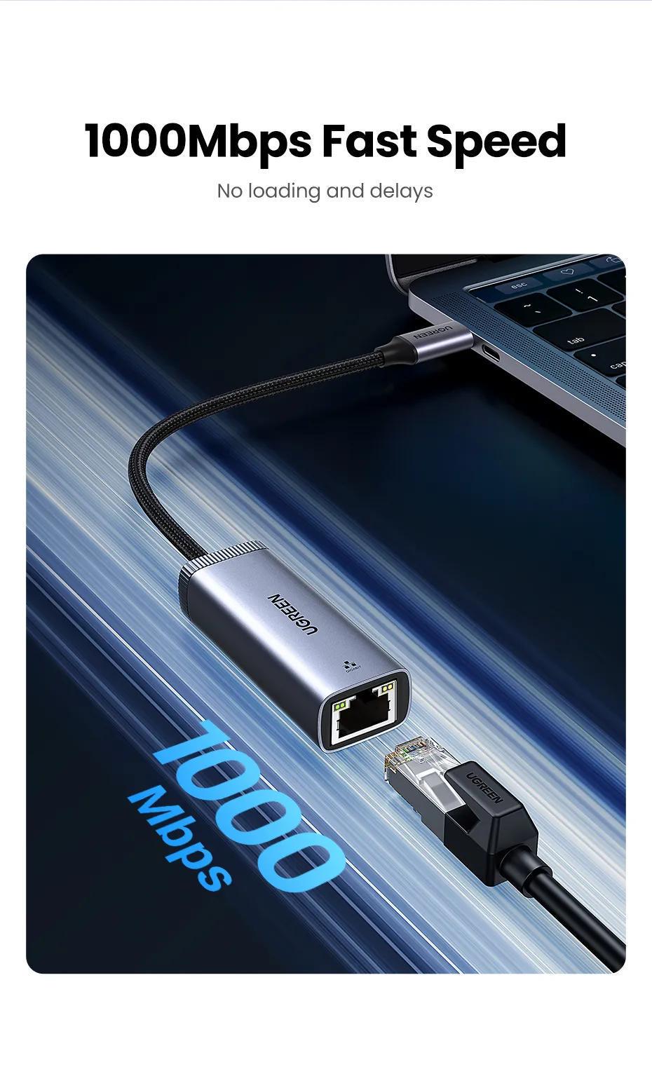 Мережева карта UGREEN Type-C-Ethernet 1 Гбіт/с LAN USB 3.1 Gen 1-RJ45 1000 Мбіт/с металевий Сірий (40322) - фото 3