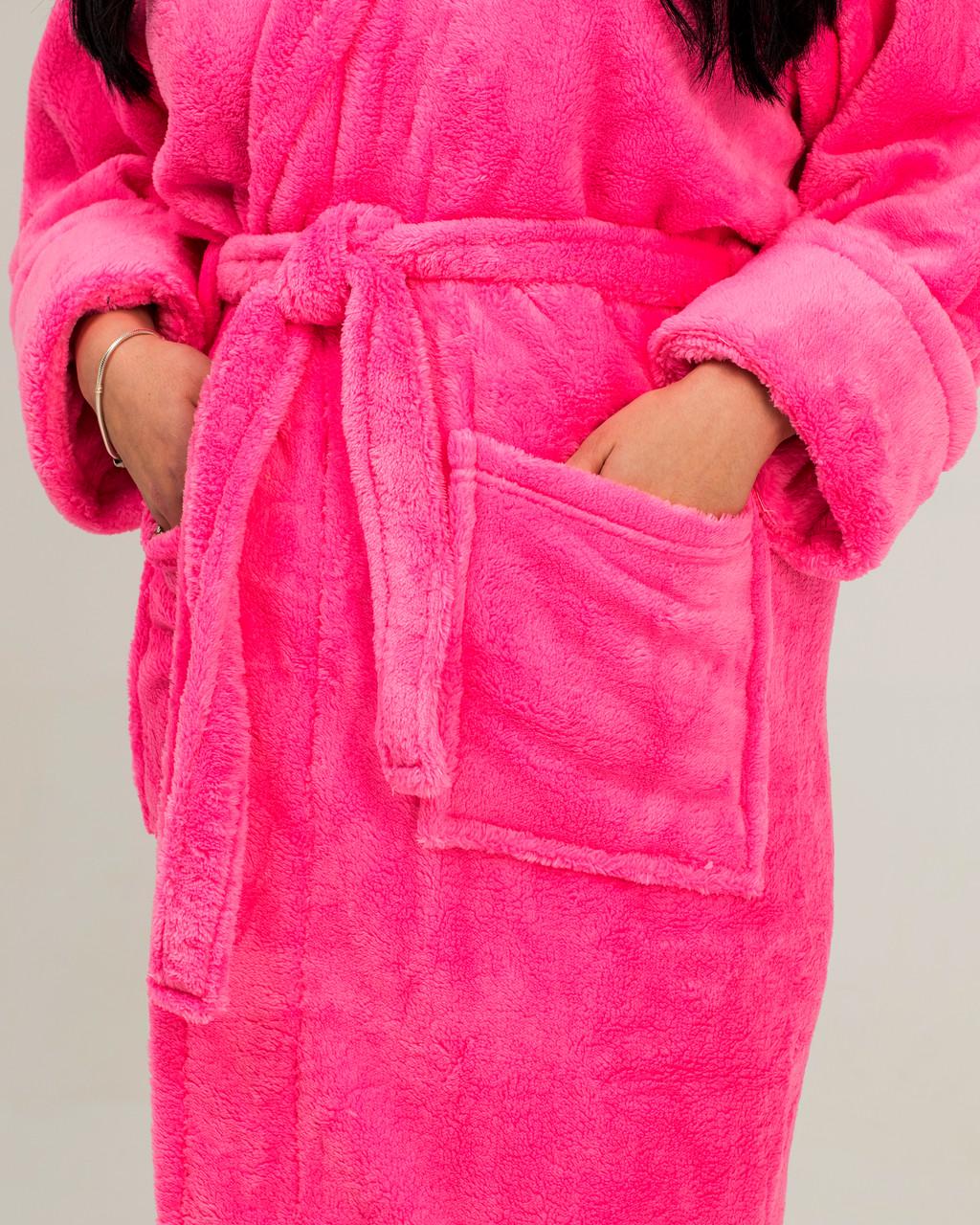 Халат женский на запах с капюшоном махровый 2 кармана 6XL Розовый (62/64) - фото 5
