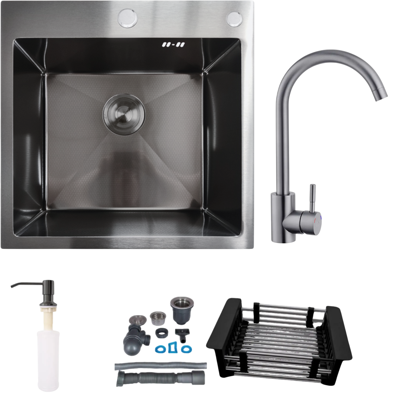 Комплект кухонной мойки Kraft HM 50х50 Nano decor PVD 3,0/1,0 мм Black (2506101994)