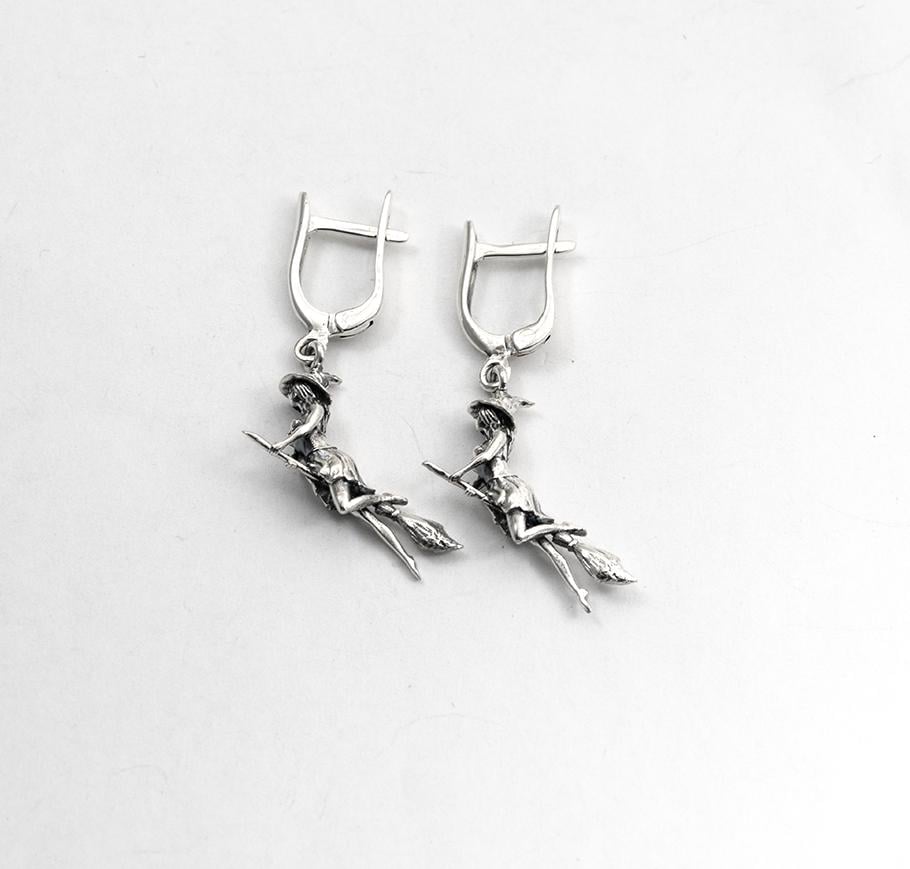 Серьги серебряные Maxi Silver 9604 Ведьма на метле с чернением (89604)