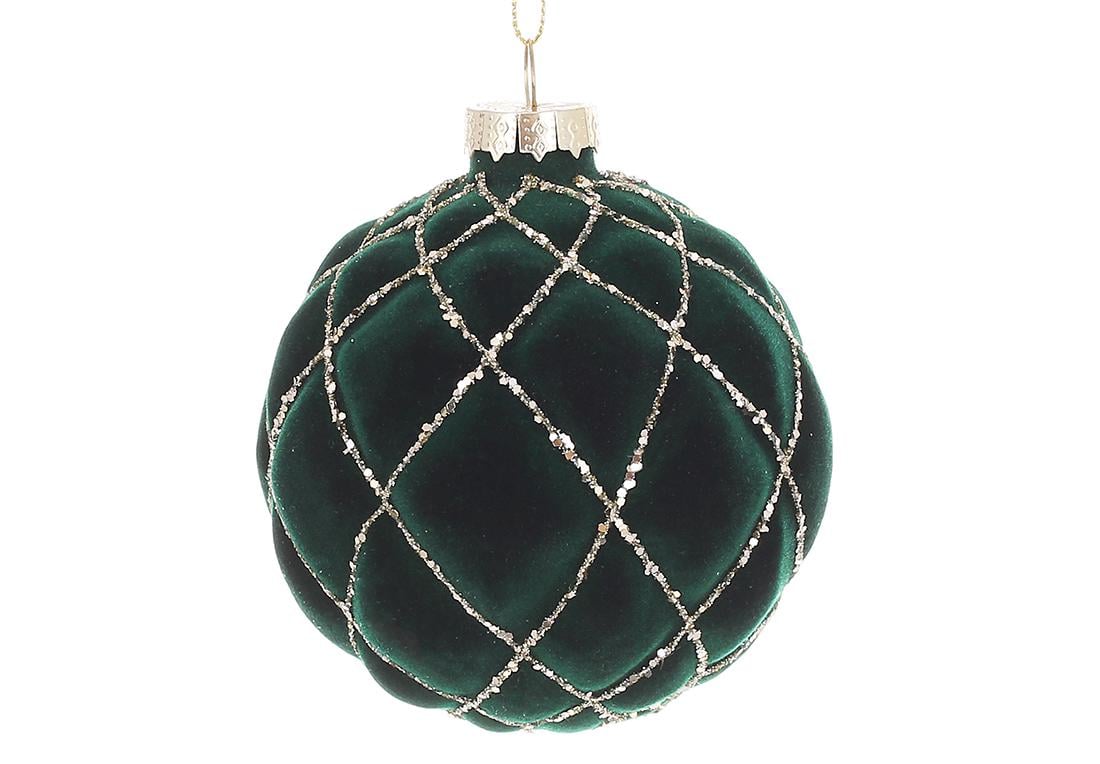 Шар новогодний BonaDi рельефной формы с бархатным покрытием и глиттерным декором 8 см Темно-зеленый (115-124)
