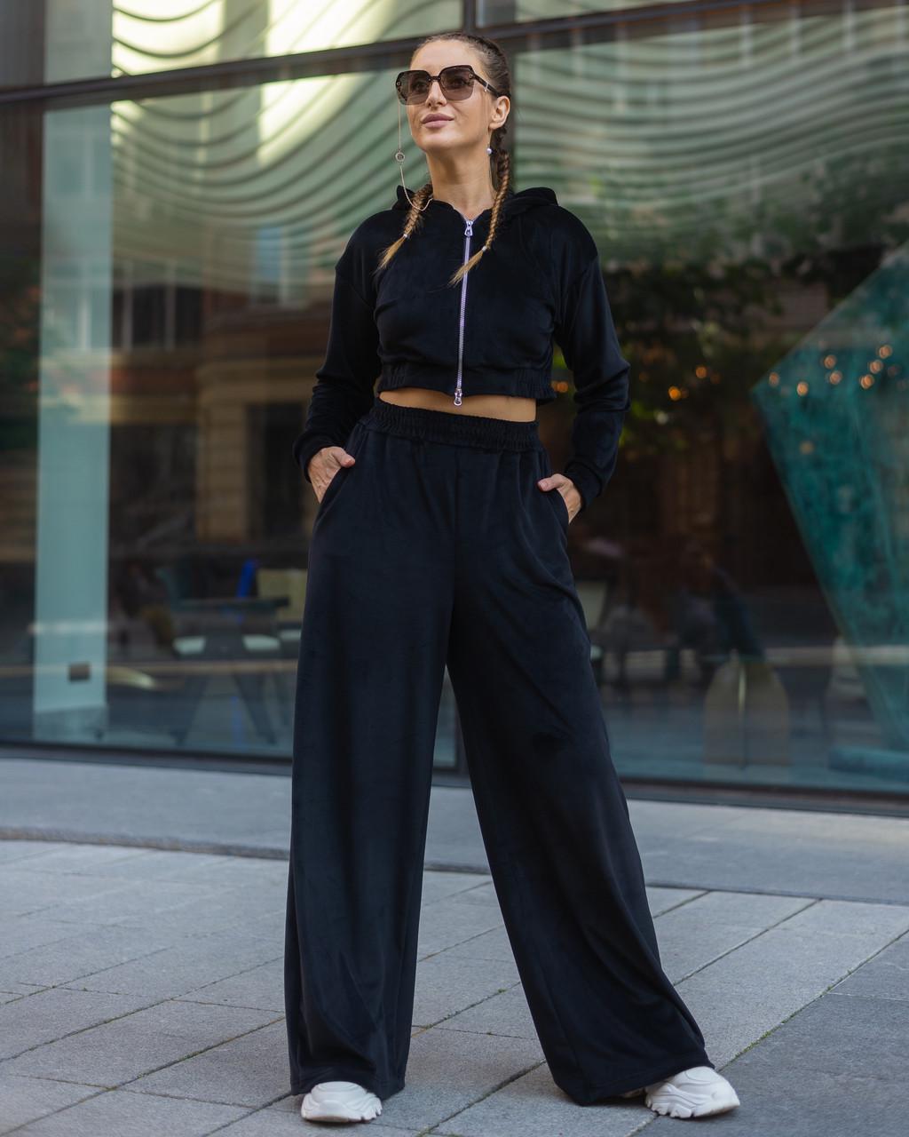 Костюм женский из велюра Maybel кофта на змейке с капюшоном и брюки-палаццо S Черный (1963255259)