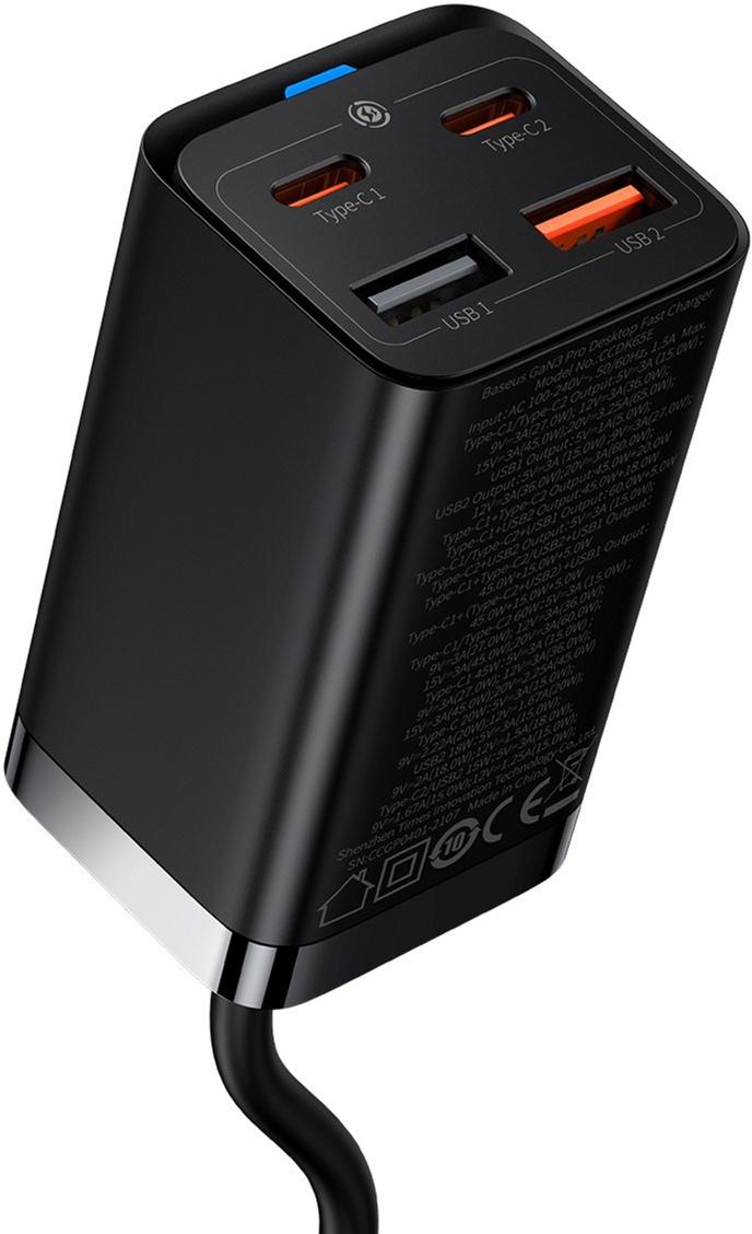 Зарядное устройство Baseus 65W GaN3 Pro Desktop Fast Charger QC4.0+PD3.0 2USB+2Type-C 3A с кабелем Baseus Type-C to Type-C 100W 20V/5A 1 м Black (CCGP040101) - фото 5