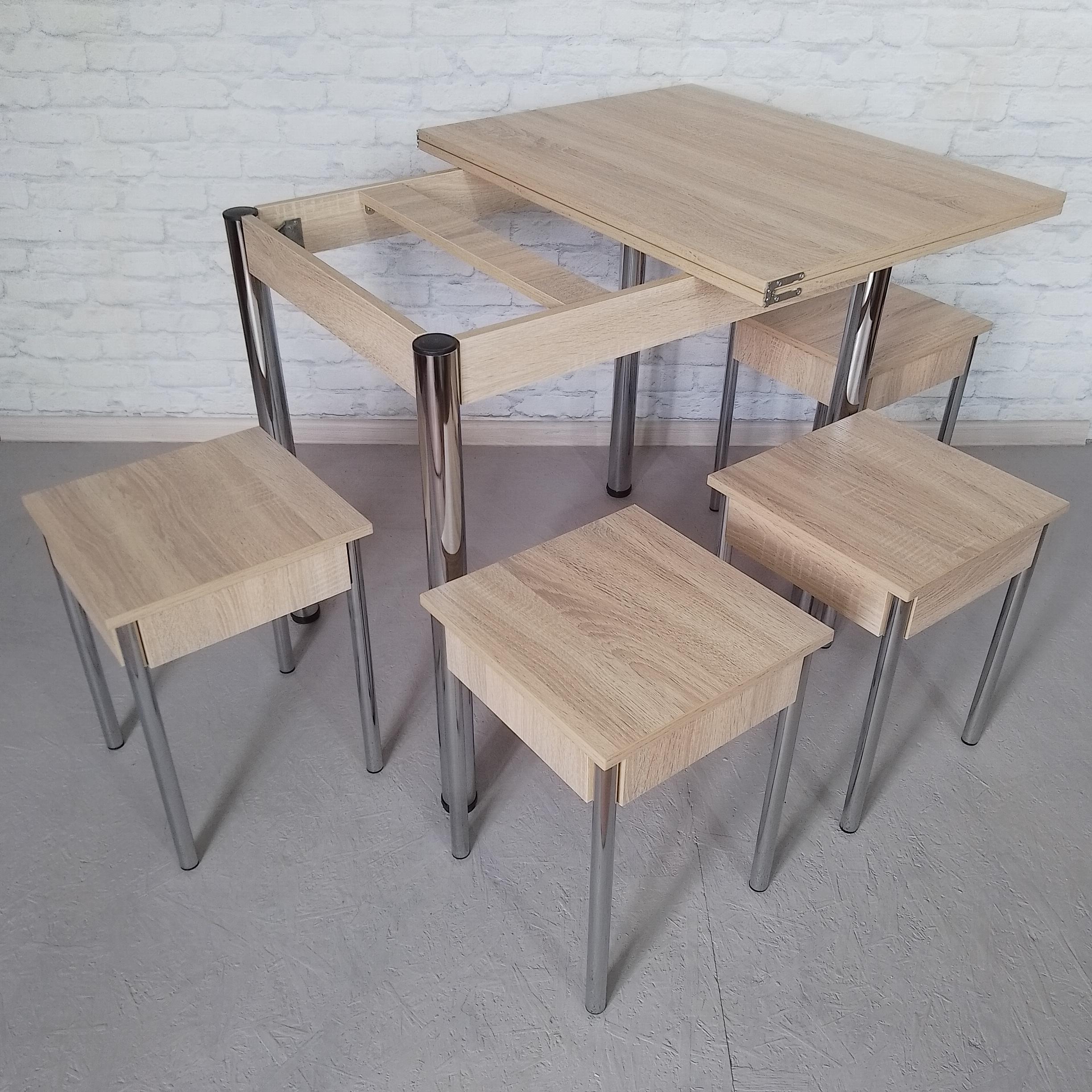 Обеденный стол раскладной и 4 табурета Вента ножки металлические 80х60х75 см/120х80х75 см Дуб сонома/Хром (0052) - фото 2 Обеденный стол раскладной и 4 табурета Вента ножки металлические 80х60х75 см/120х80х75 см Дуб сонома/Хром (0052) - фото 2