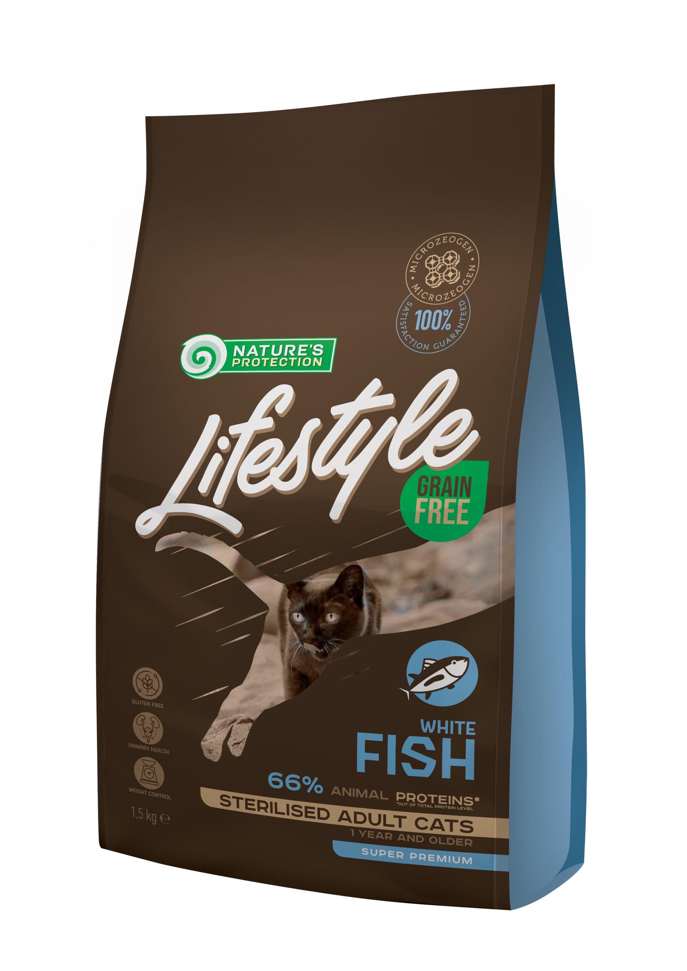Корм сухий Nature's Protection Lifestyle Grain Free White Fish Sterilised Cat з білою рибою для стерилізованих котів 1,5 кг (NPLS45802)