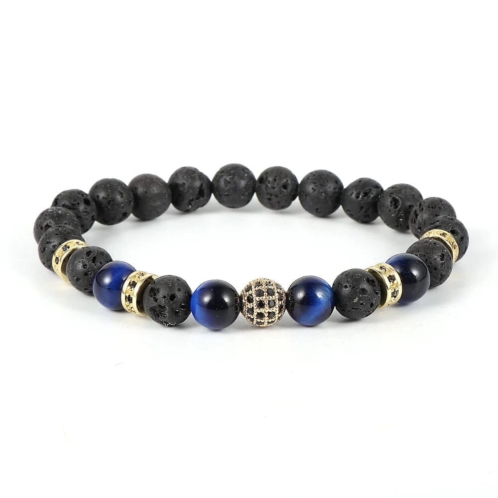 Браслет з лавового каменю та тигрового ока з кулею та дисками р. 22 Чорний/Золотий/Синій (90104)