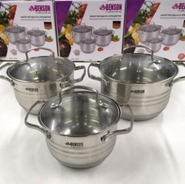 Набір каструль Benson BN-201 з кришками нержавійка 6 пр. (3014963ER) - фото 4