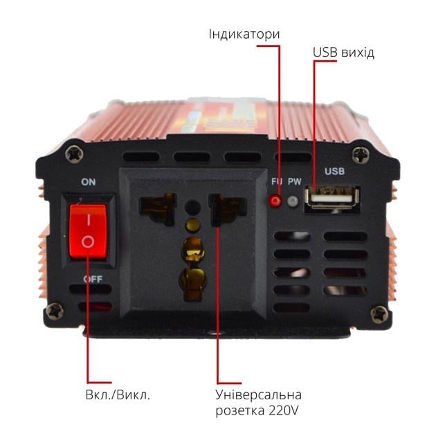 Преобразователь тока автомобильный с датчиками работы и портом USB 2000W 12V/220V - фото 3