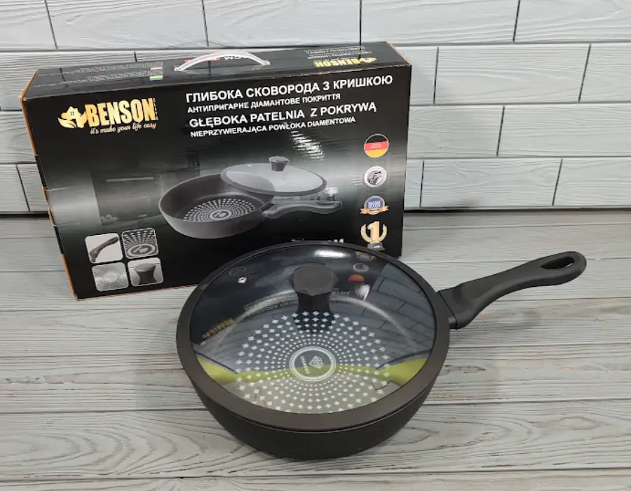 Сковорода глибока з кришкою Benson BN-449 26 см 3,1 л індукційне дно/алмазне антипригарне покриття (ML-05240) - фото 7 Сковорода глибока з кришкою Benson BN-449 26 см 3,1 л індукційне дно/алмазне антипригарне покриття (ML-05240) - фото 7