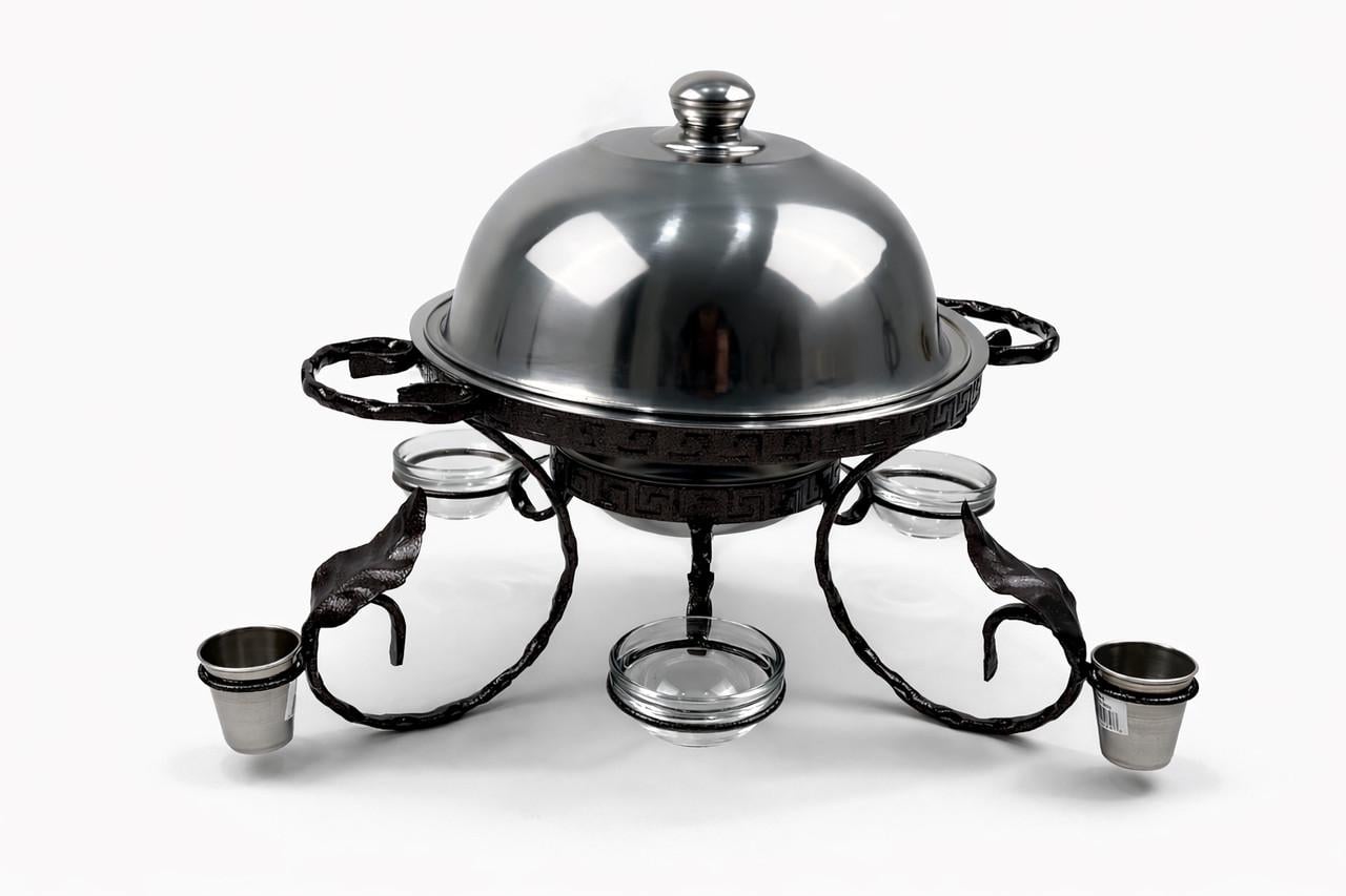 Садж для подогрева шашлыка GrillMaster SJ-6591 Греция с соусницами/рюмками/крышкой из нержавеющей стали 28 см (10-164-SJ-6591)