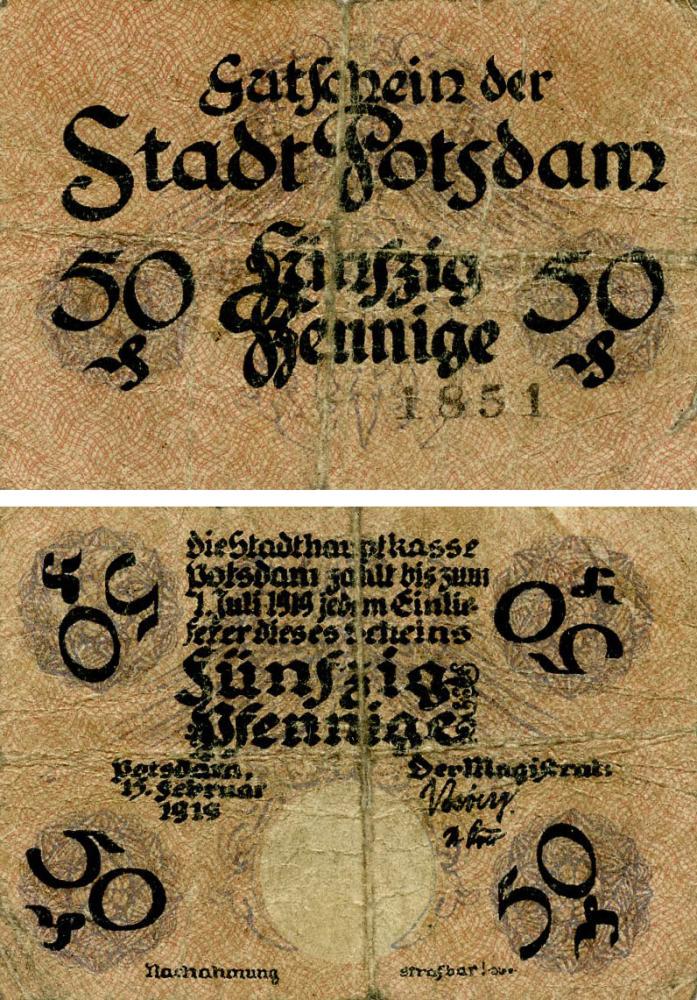 Коллекционная банкнота Германия Нотгельд 50 пфеннигов 1919 G-VG Потсдам (Б18686)