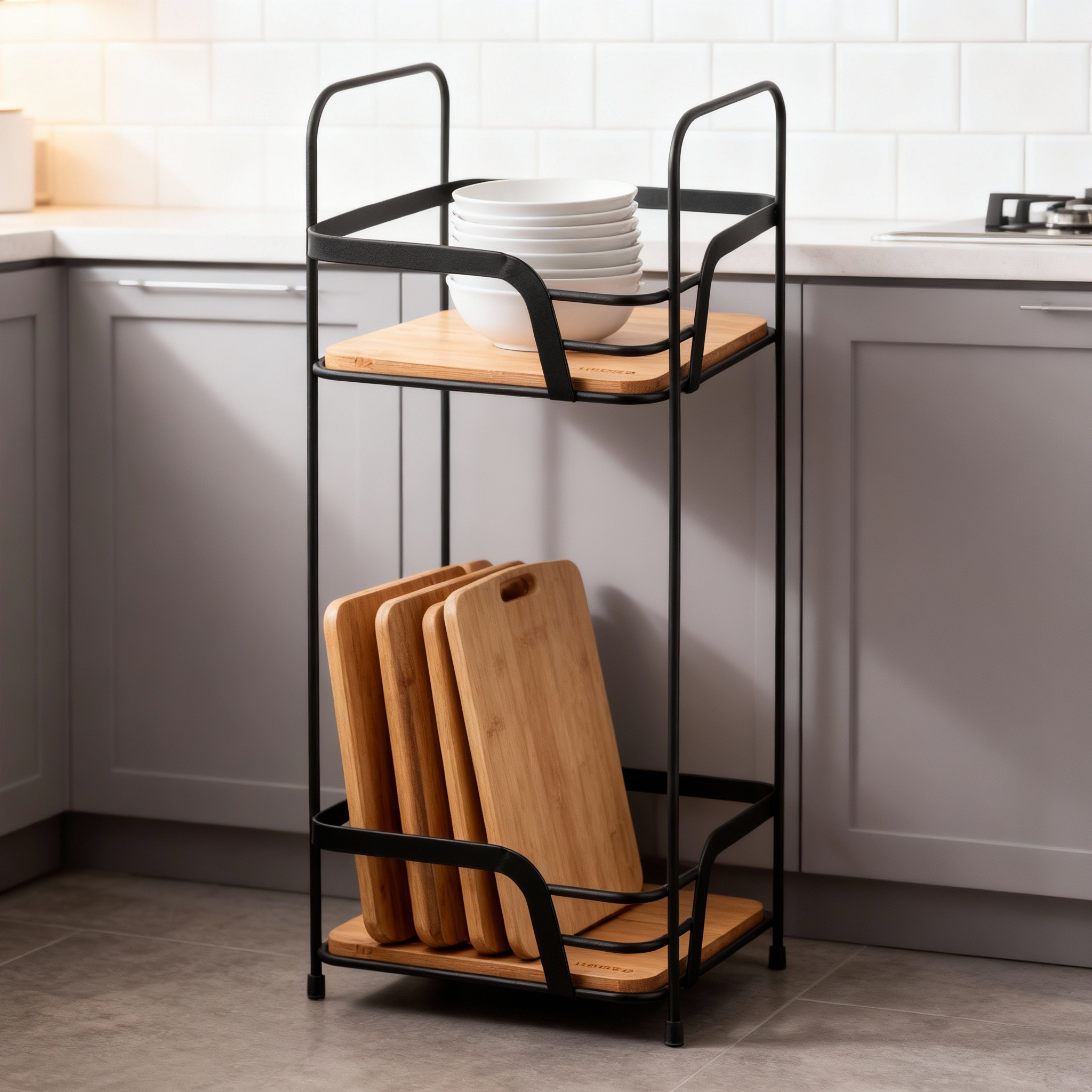 Полиця 2-ярусна багатофункціональна для ванної кухні чи вітальні ARDESTO Minimalism 16х15.5х40 см метал та бамбук Чорний дерев'яний (ARHK4502BB)