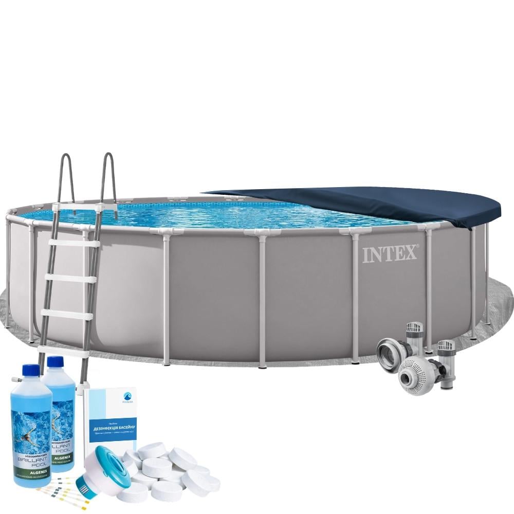 Бассейн каркасный круглый Intex 26756-6в1 Prism Frame 610х132 см с подстилкой/лестницей/химией Серый (147-9-26756-6) Бассейн каркасный круглый Intex 26756-6в1 Prism Frame 610х132 см с подстилкой/лестницей/химией Серый (147-9-26756-6)