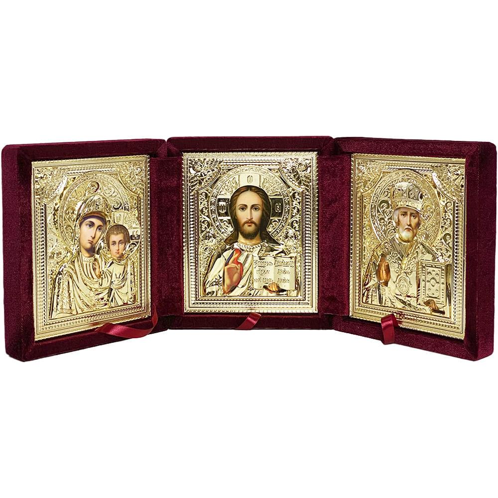 Икона триптих золотистая в бархате Бордовый (Б353В/Б) (Б373В-3/Б)