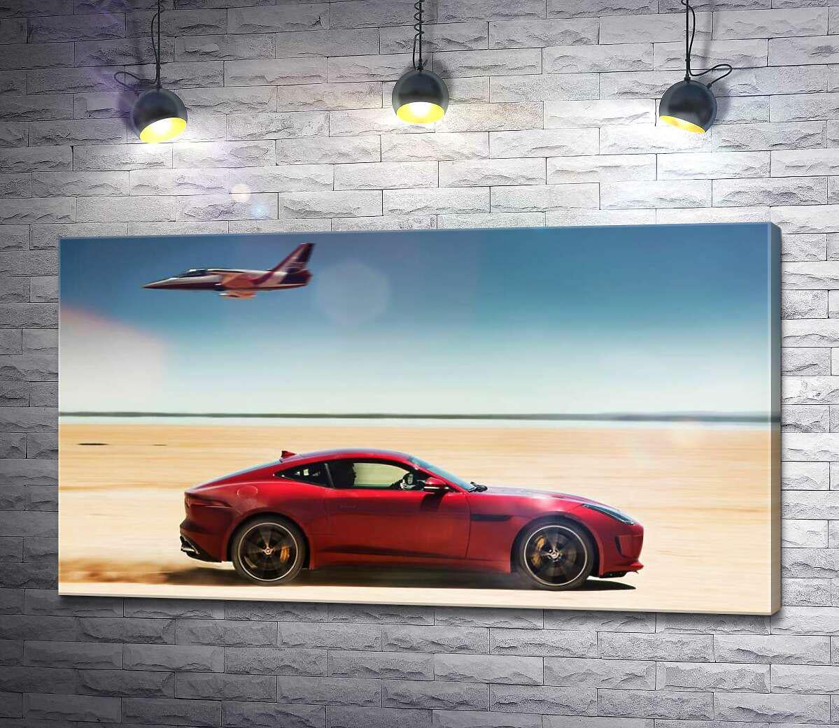 Картина ArtPoster Красный автомобиль Jaguar F-Type R разминулся с самолетом среди пустыни 50x28 см Модуль №1 (002466)