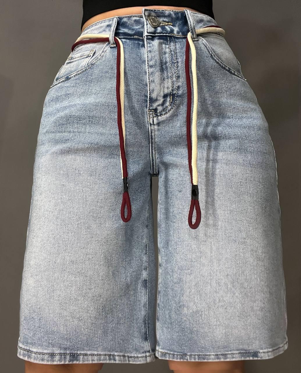 Шорти жіночі джинсові Liana 4-011 бермуди широкі довжина до колін пояс мотузка стрейчеві р. 26 Блакитний (3929)