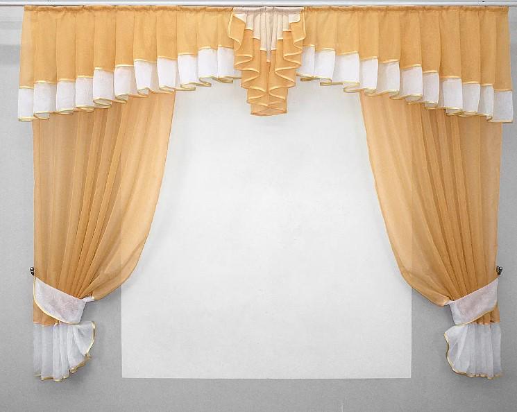 Комплект штор с ламбрекеном на кухню/балкон шифон 200х150 см Золотистый/Белый (024к) Комплект штор с ламбрекеном на кухню/балкон шифон 200х150 см Золотистый/Белый (024к)