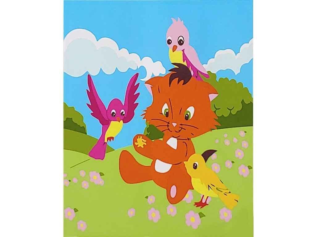 Картина по номерам Strateg Игривый котенок с птичками 30х30 см (ES194)