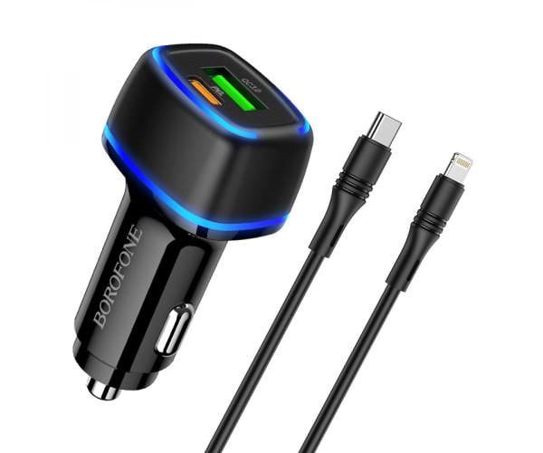 Устройство автомобильное зарядное Borofone BZ14A Usb QC3,0 Type-C PD20W cable Type-C to Lightning Black