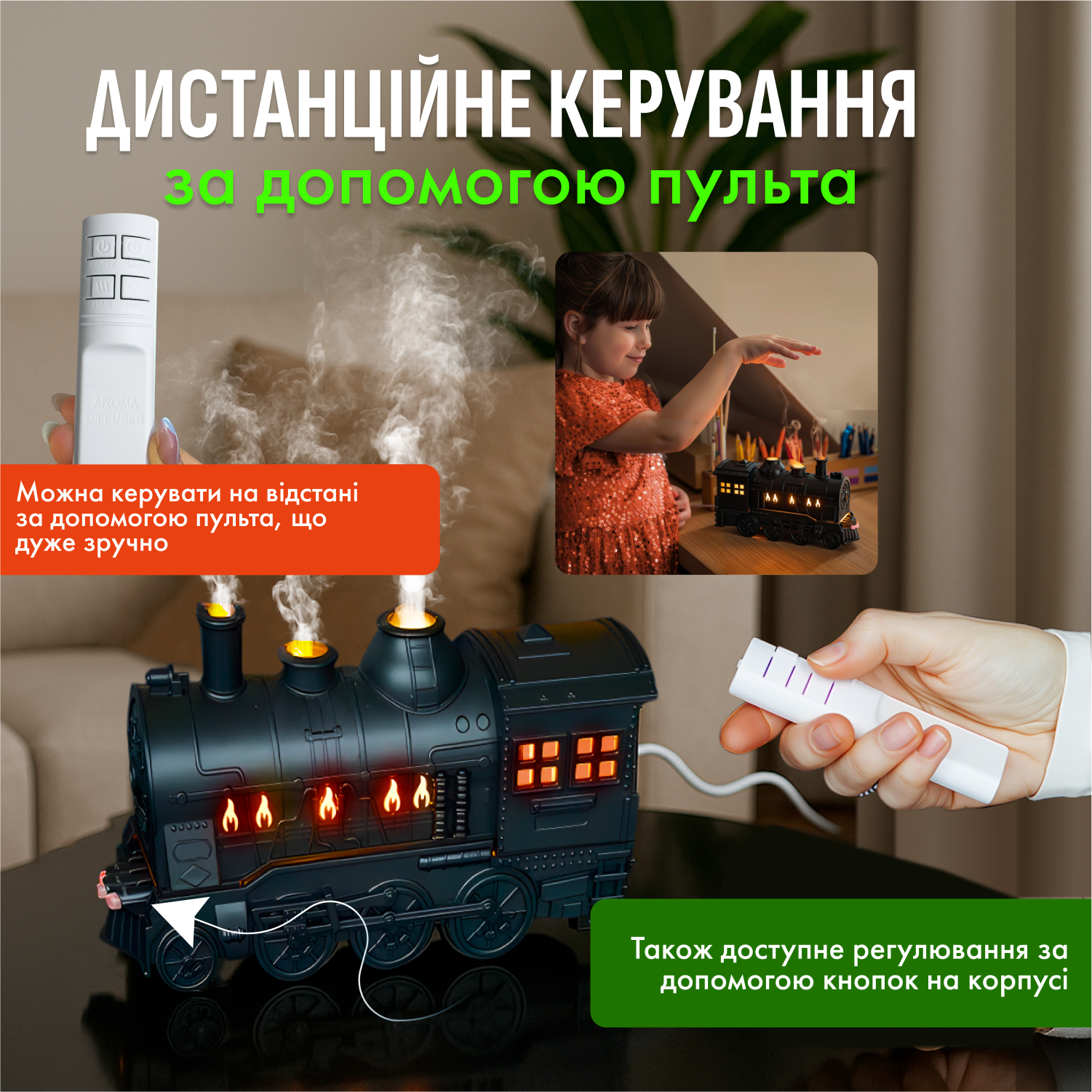 Зволожувач повітря аромадифузор-нічник Потяг 300 мл з LED-підсвіткою пультом і таймером (TW-300) - фото 7