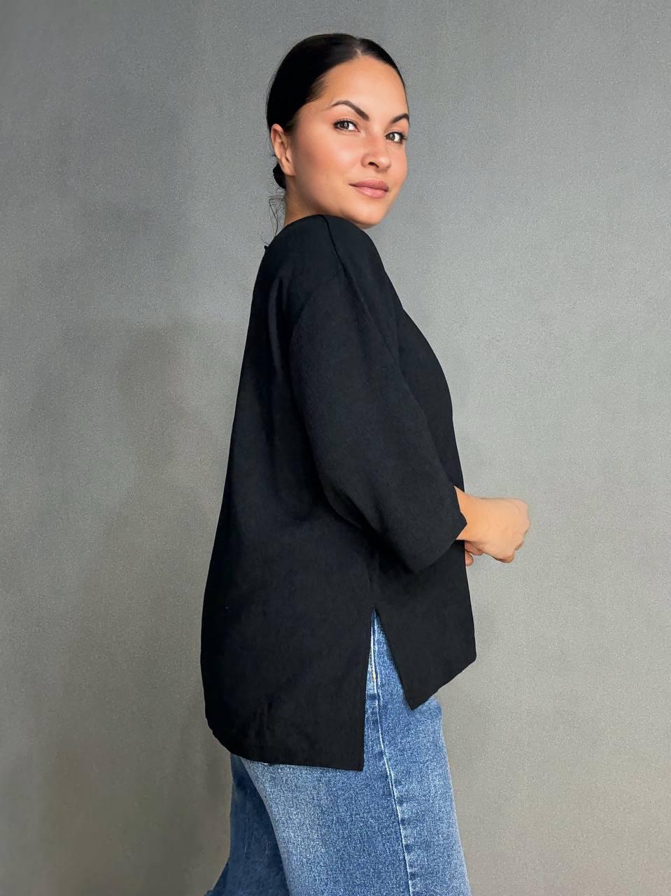 Блузка женская Clew 1005 жатка с разрезами широкая 3/4 рукав M Черный (4770) - фото 5