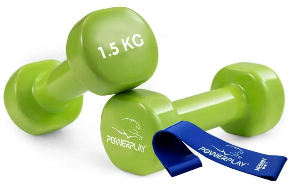 Гантели виниловые PowerPlay PP-4103 1,5 кг 2 шт. с резинком для фитнеса 7,5 кг Зеленый (PP_4103_2x1,5kg)