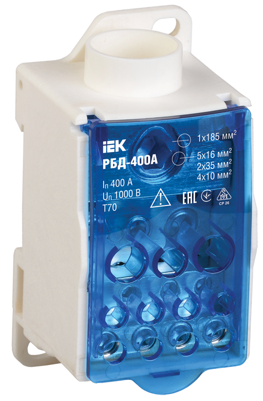 Блок распределительный УЕК РБД-400А 400А вход 1х185 мм2 выход 2х35/5х16/4х10 мм2 на DIN-рейку (RBD-400-U)