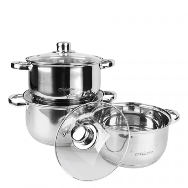 Набор посуды Maestro из нержавеющей стали со стеклянными крышками 3 л/4 л/5 л 6 пр. (3e7605c1)