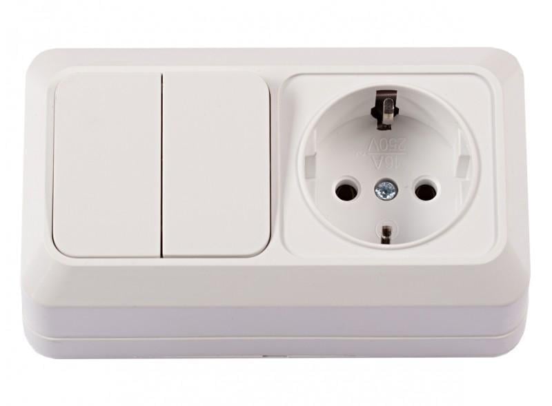 Розетка накладна Luxel OPERA 2043 та вимикач двоклавішний з заземленням Білий (00000038591)