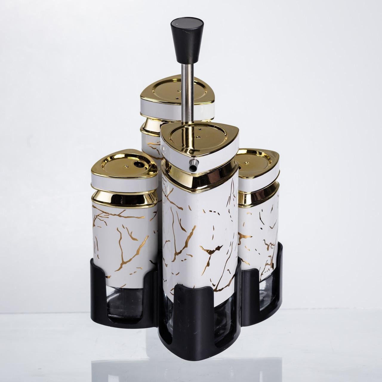 Набір баночок для спецій і рідких текстур на підставці 4 предмети Білий мармур (HP-1331) - фото 6 Набір баночок для спецій і рідких текстур на підставці 4 предмети Білий мармур (HP-1331) - фото 6