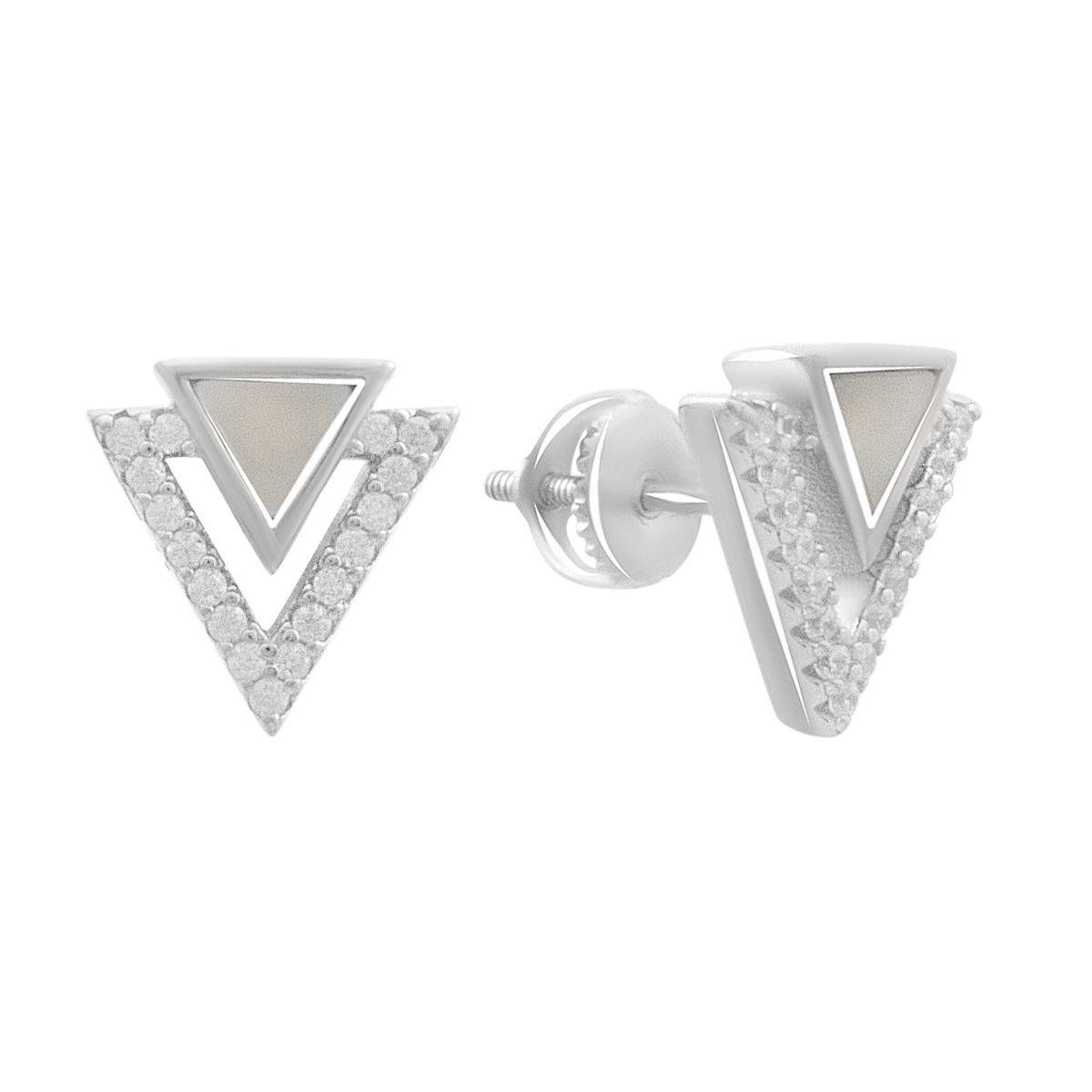 Сережки срібні з трикутним натуральним перламутром і фіанітами