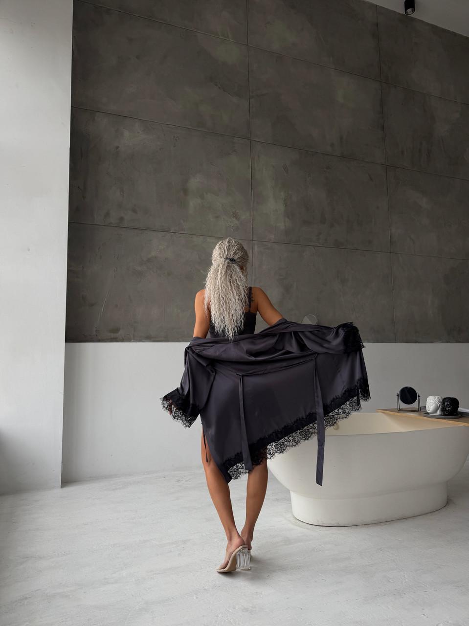 Халат женский шелковый с кружевом Графит (2533884044) - фото 4 Халат женский шелковый с кружевом Графит (2533884044) - фото 4
