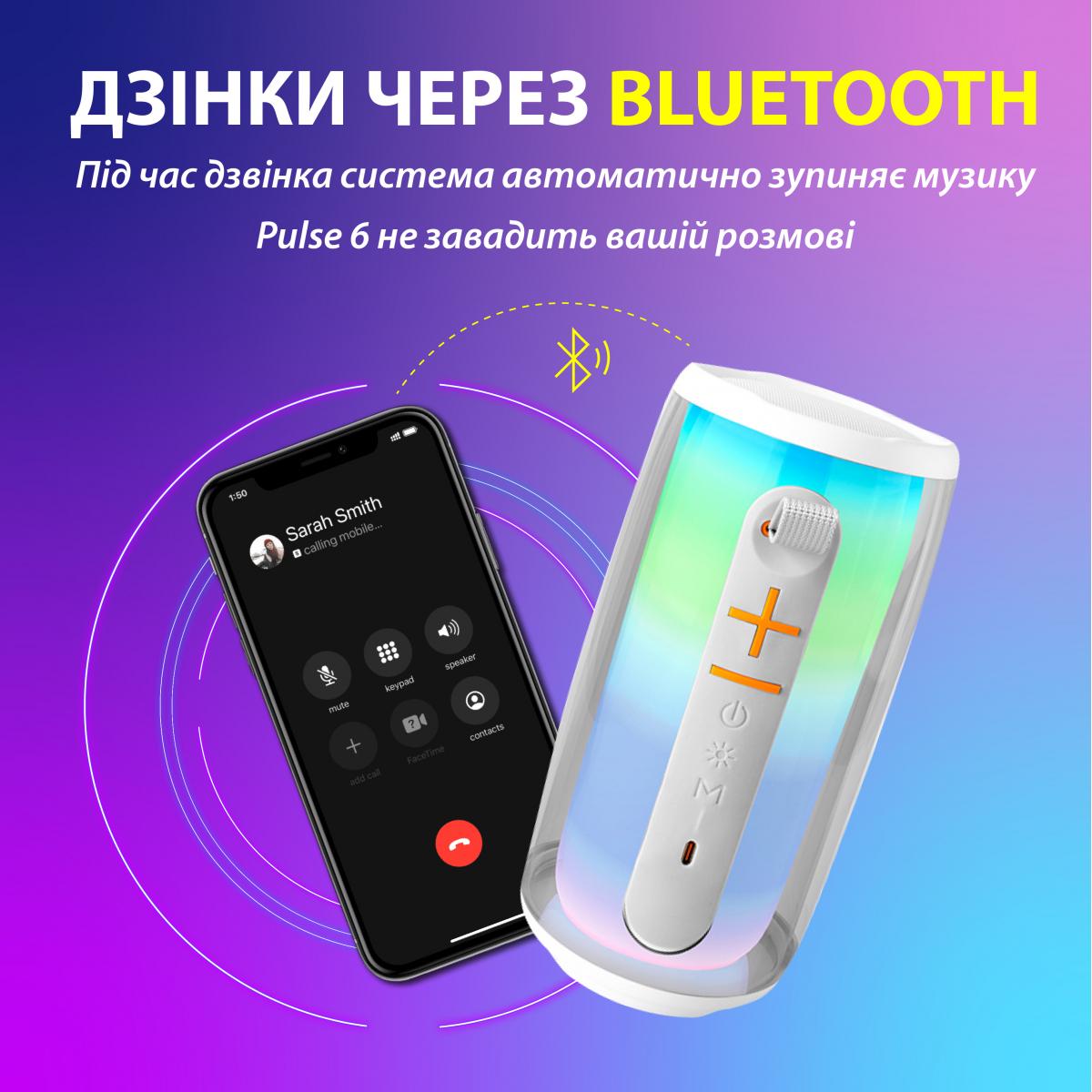 Колонка портативная Pulse 6 с микрофоном BT/TF/FM/AUX/USB с подсветкой 15 Вт Белый (PULSE6W) - фото 6